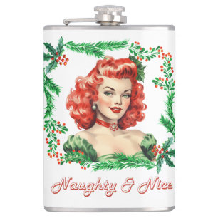 Naughty & Nice Retro Christmas Pinup Hip Flask