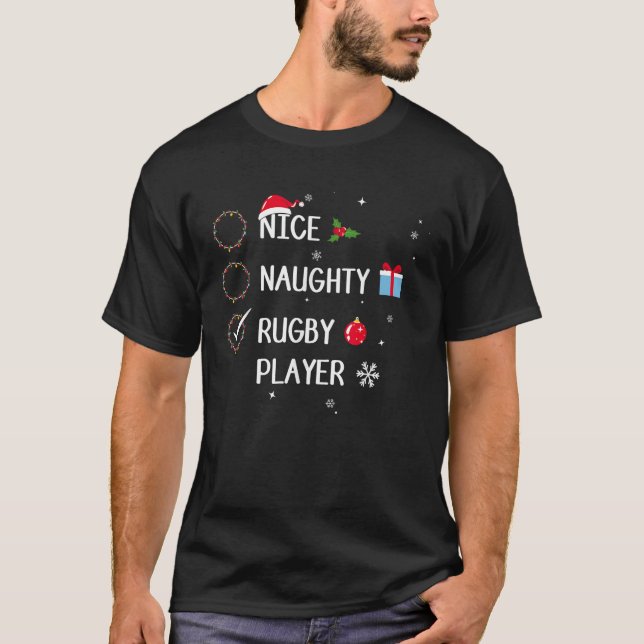 Naughty Nice Rugby Player Christmas List Hat Funny T-Shirt (Front)