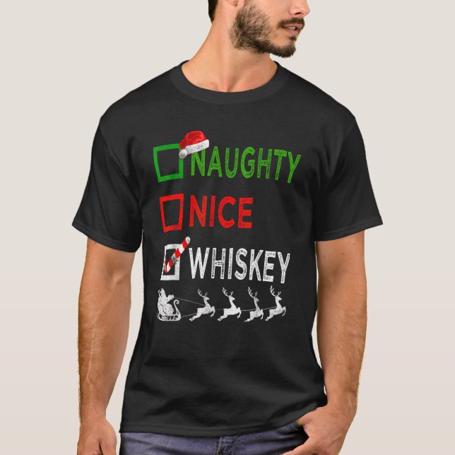 Naughty Nice Whiskey Christmas Pyjamas Funny Santa T-Shirt (Front)