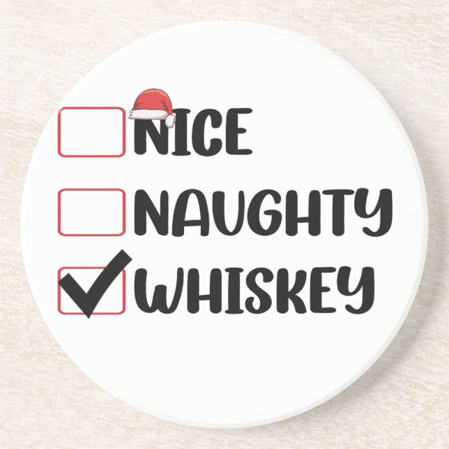 Naughty Nice Whiskey Santa Christmas List Coaster (Front)