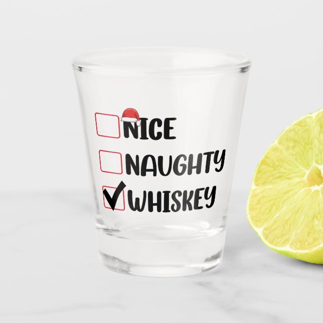 Naughty Nice Whiskey Santa Christmas List Shot Glass (Front)