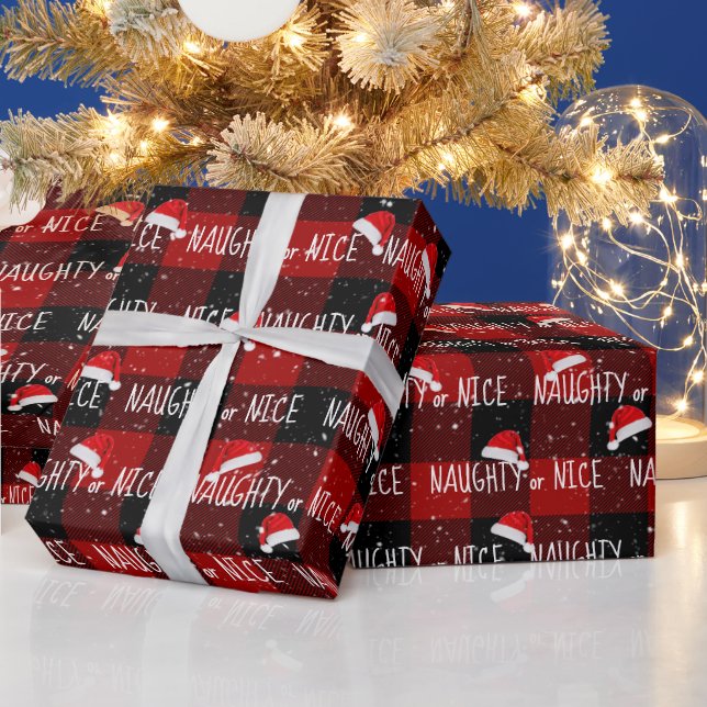 NAUGHTY of NICE Text with Santa Hats Wrapping Paper (Holidays)