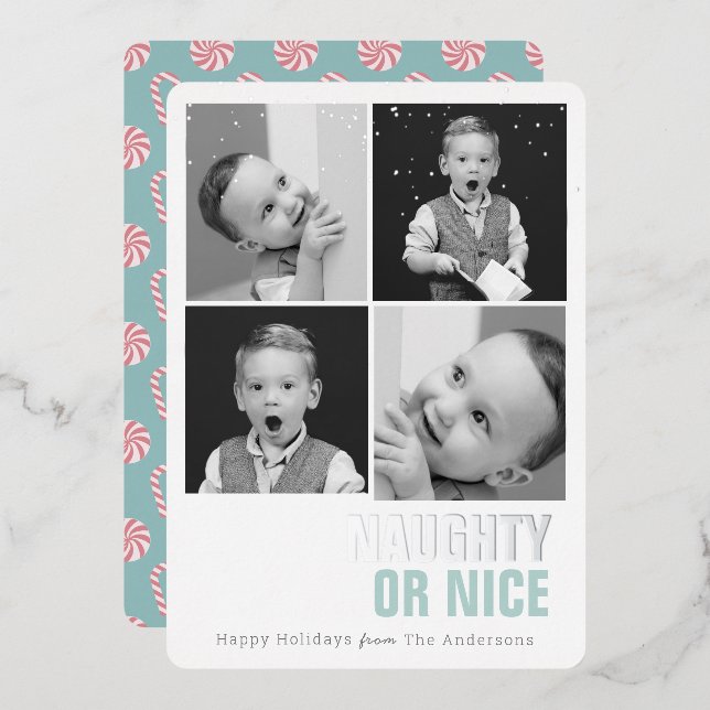 Naughty or Nice 4 Photos Foil Holiday Card (Front/Back)
