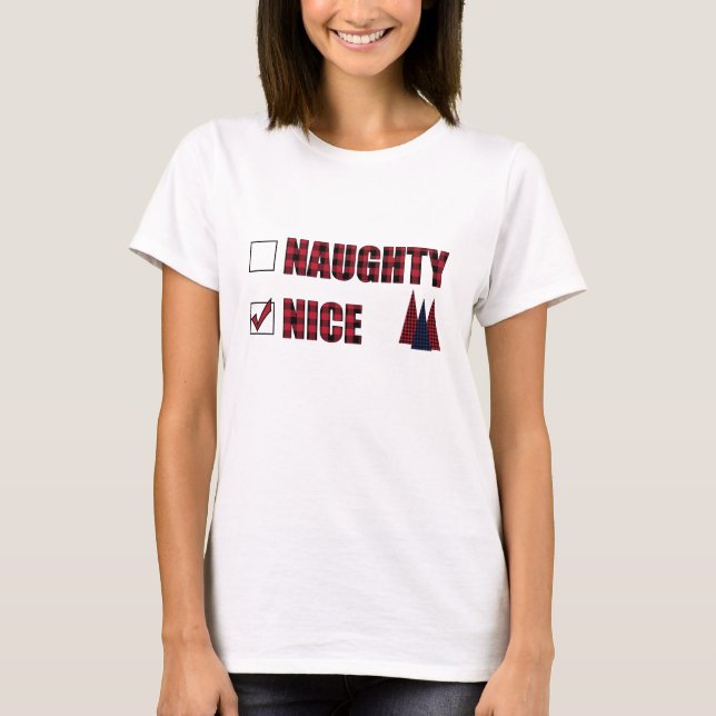 Naughty or Nice Buffalo Plaid Red Black Christmas T-Shirt (Front)