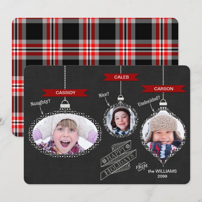 Naughty or Nice Chalkboard Hanging Ornaments Holiday Card (Front/Back)