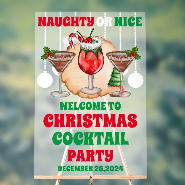 Naughty or Nice Christmas Cocktail Party Frosted Acrylic Sign (Neutral)