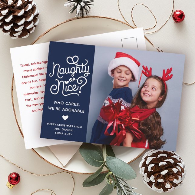 Naughty or Nice Funny Cute Kids Sibling Photo Holiday Postcard (Creator Uploaded)