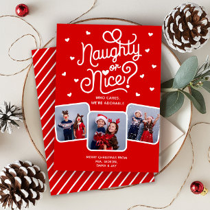 Naughty or Nice Funny Cute Sibling Family 3 Photo Holiday Card