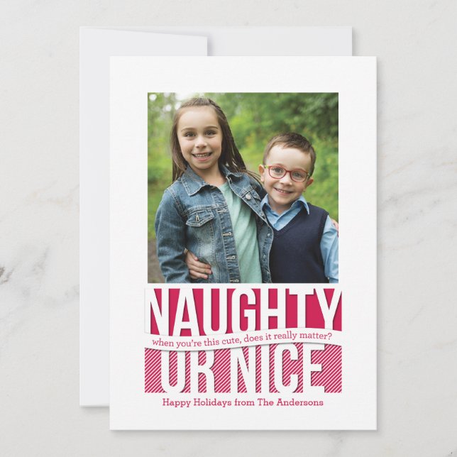 Naughty or Nice Funny Holiday Square Photo Card (Front)