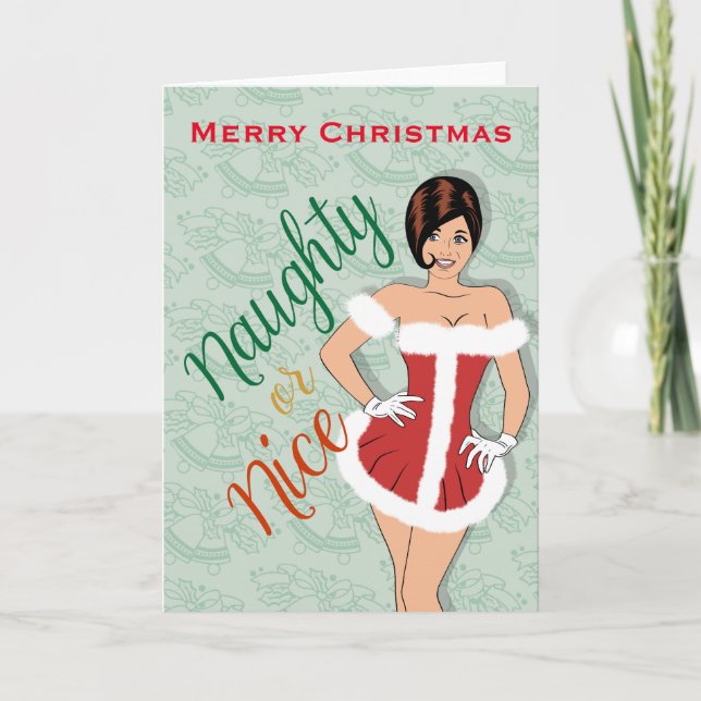 Naughty or Nice Girl in Santa Dress Holiday Card (Front)