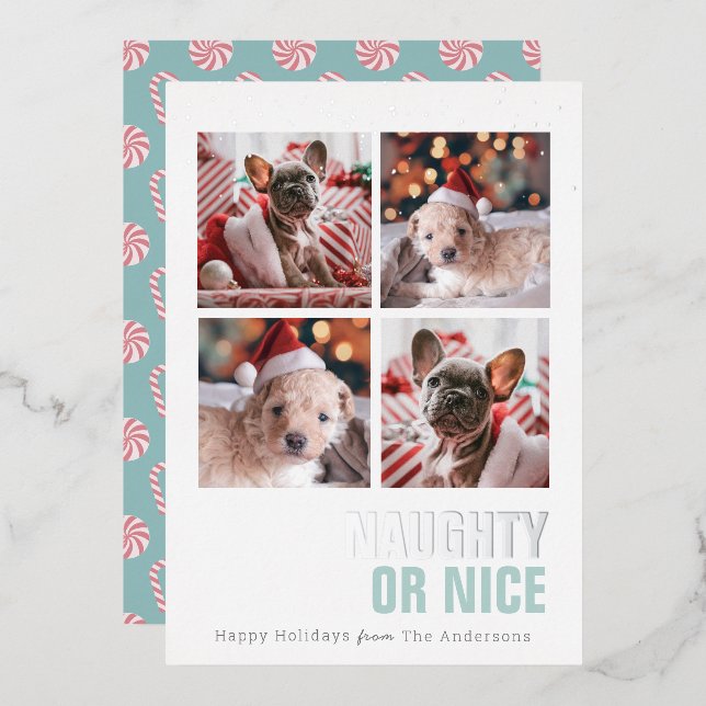 Naughty or Nice Pet 4 Photos Foil Holiday Card (Front/Back)