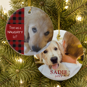 Naughty or Nice Pet Photo Red Plaid Personalised Ceramic Tree Decoration