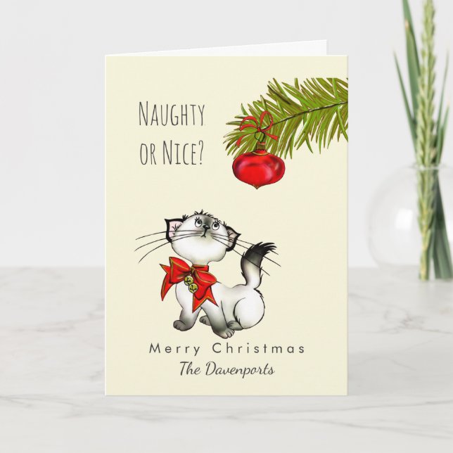 Naughty or Nice Playful Kitty Cat Christmas Holiday Card (Front)