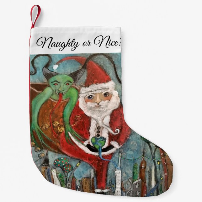 Naughty or Nice Santa and Krampus Art Small Christ Christmas Stocking (Front)