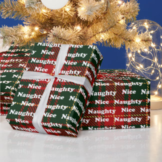 Naughty or nice typography red green tartan plaid wrapping paper