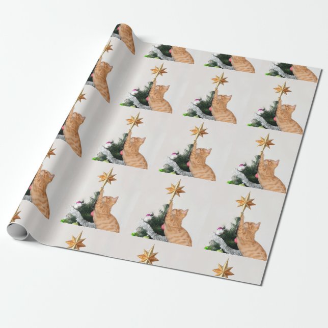 Naughty Orange Tabby Christmas Wrapping Paper (Unrolled)