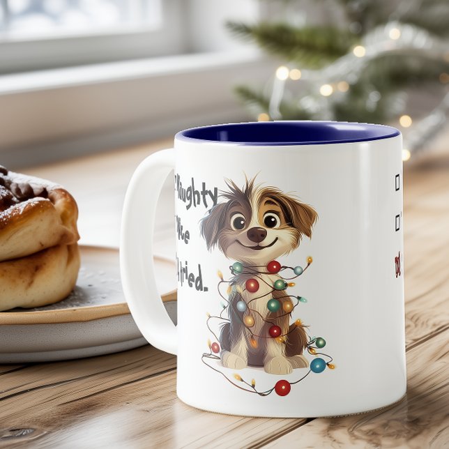 Naughty Puppy Santa Checklist Blue Two-Tone Coffee Mug (Creator Uploaded)