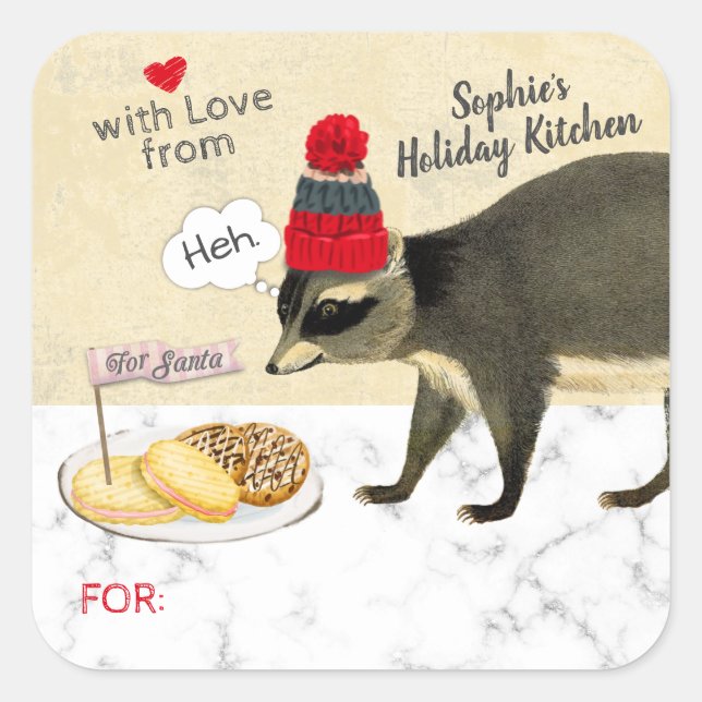 Naughty racoon eats your Christmas cookies baking Square Sticker (Front)