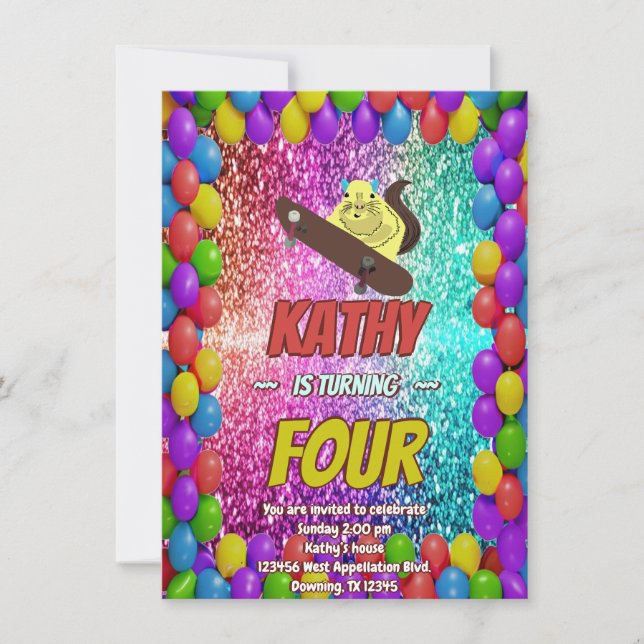 Naughty Squirrel Skateboard Birthday Party Invite (Front)