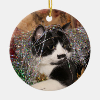 Naughty tuxedo kitty Christmas Ceramic Tree Decoration