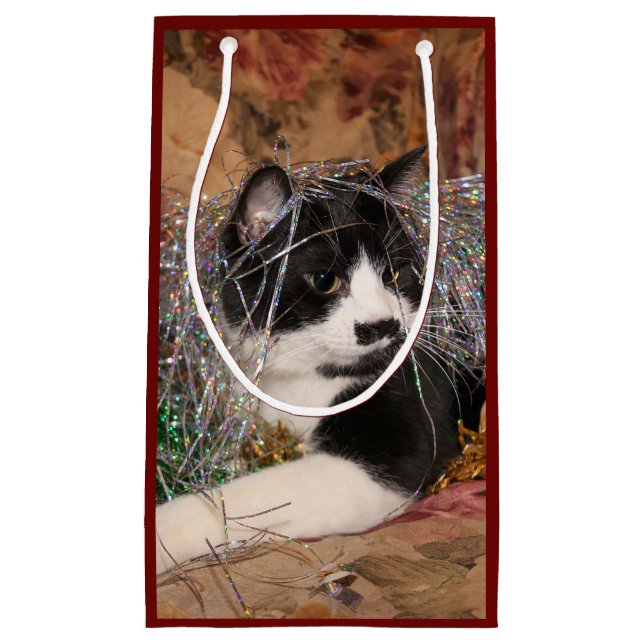 Naughty tuxedo kitty Christmas Small Gift Bag (Front)