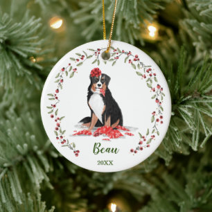 Naughty Watercolor Burnese Dog Photo Memory Ceramic Tree Decoration