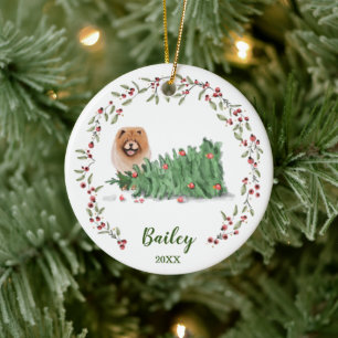 Naughty Watercolor Chow Chow Dog Photo Memory Ceramic Tree Decoration