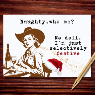 Naughty Who Me Funny Vintage Cowgirl Christmas Holiday Card