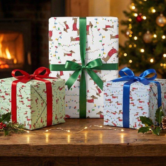 Naughty Wiener Dog Stealing Christmas Tree Lights  Wrapping Paper Sheet (Dachshund wrapping paper for Christmas gifts)