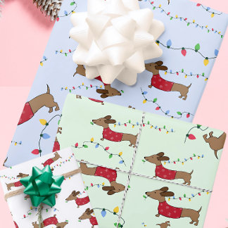 Naughty Wiener Dog Stealing Christmas Tree Lights  Wrapping Paper Sheet