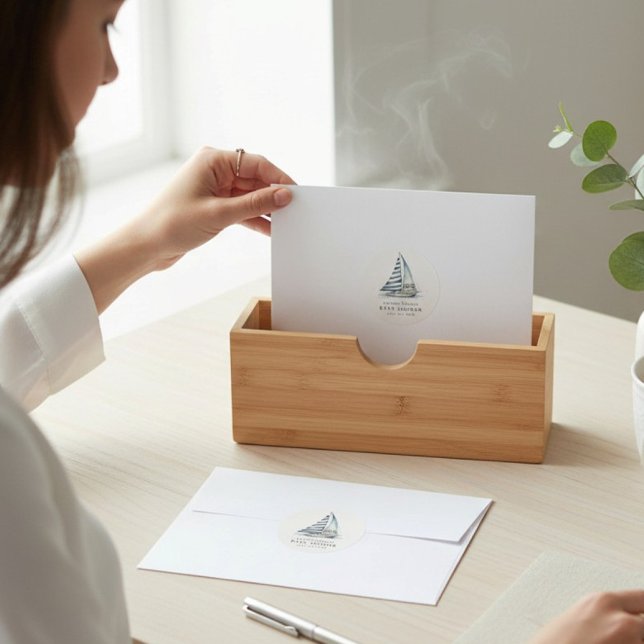 Nauti-Bouy Blue Stripe Sailboat Baby Shower Classic Round Sticker (Creator Uploaded)