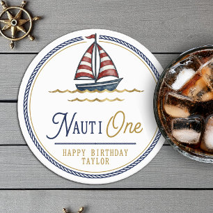 Nauti One Sailboat 1st Birthday Party Round Paper Coaster
