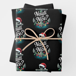 Nauti Or Nice Christmas Anchor Santa Hat Lights Wrapping Paper Sheet