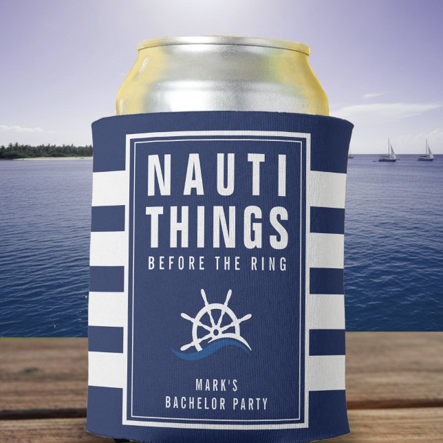 Nauti Things Bachelor Party Ship Helm Blue Striped Can Cooler (Creator Uploaded)