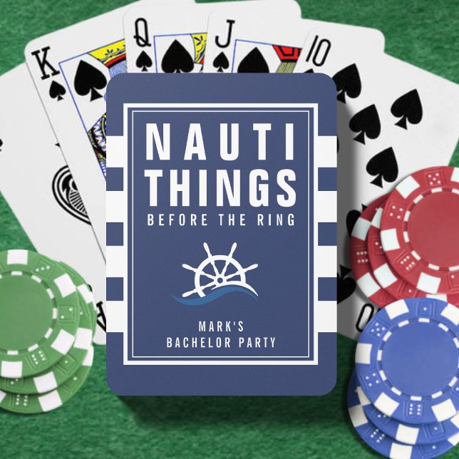 Nauti Things Bachelor Party Ship Helm Blue Striped Playing Cards (Creator Uploaded)