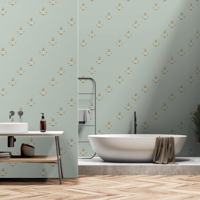 Nautic Anchor Gold Green Rope Pattern Wallpaper (Bathroom)