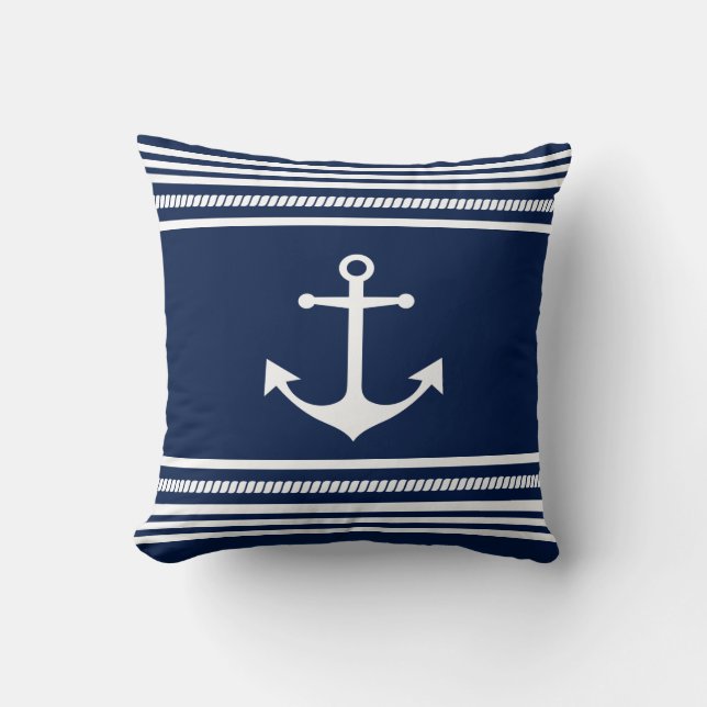 Nautica Pillow, Blue White Stripes, Anchor Pillow (Front)