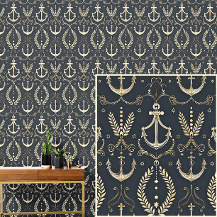 Nautical 0ff-White Anchors & Crests Dark Grey Blue Wallpaper