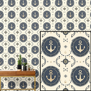 Nautical 0ff-White Anchors Dark Grey Blue Wallpaper