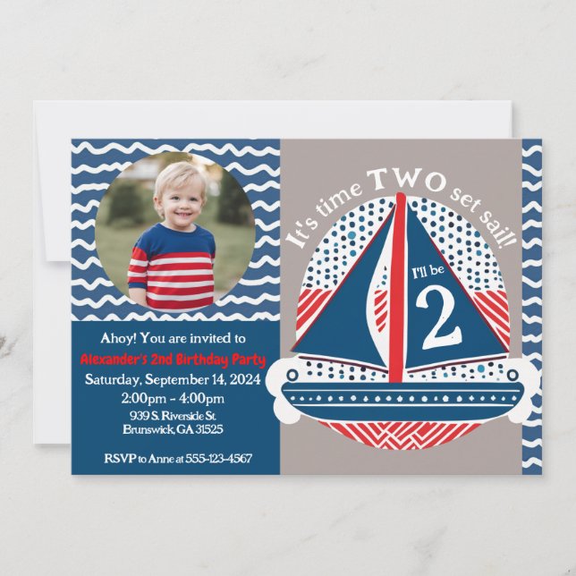 Nautical 2nd Birthday Time Two Set Sail Boat Wavy  Invitation (Front)