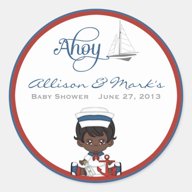 Nautical African American Baby Shower Stickers (Front)