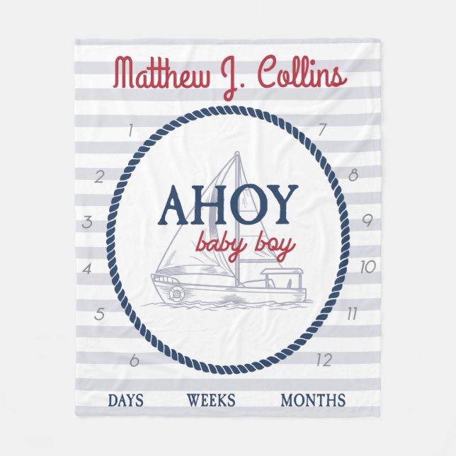 Nautical Ahoy Baby Boy Sailboat Milestone Fleece Blanket (Front)