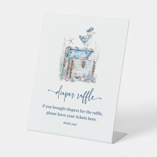 Nautical Ahoy Baby Shower Diaper Raffle  Pedestal Sign (Front)