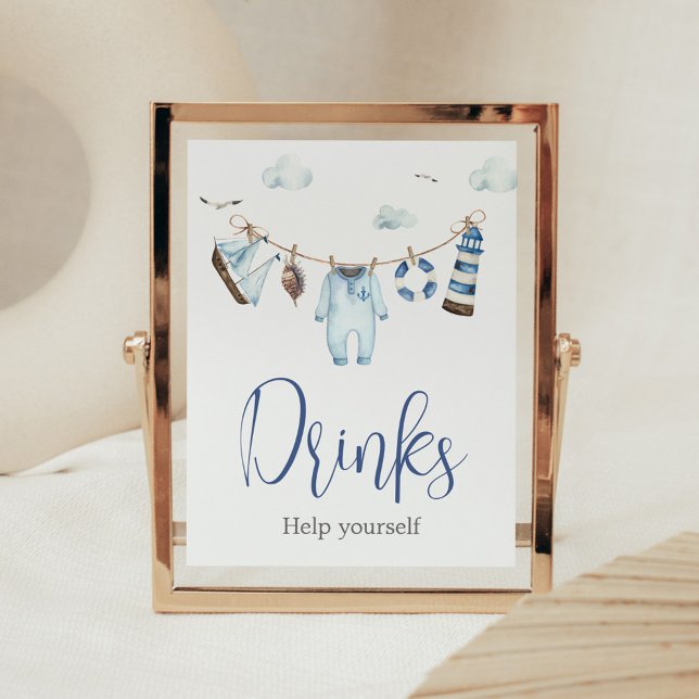 Nautical Ahoy Baby Shower Drinks Poster (Nautical Sailor Ahoy Baby Shower Drinks Sign)