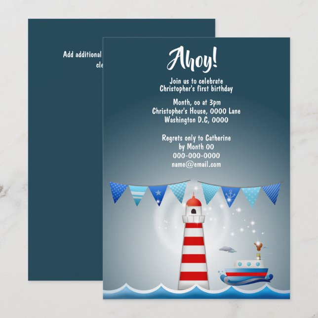 Nautical ahoy blue ship lighthouse sea boys invitation (Front/Back)