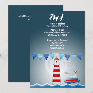 Nautical ahoy blue ship lighthouse sea boys invitation
