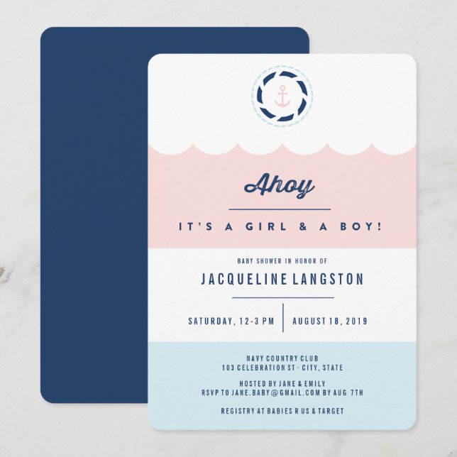 Nautical Ahoy Girl Boy Twins Baby Shower Invite (Front/Back)