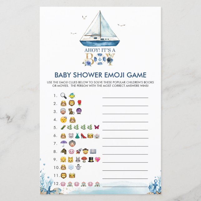 Nautical Ahoy It's a Boy Baby Shower Emoji Game (Front)