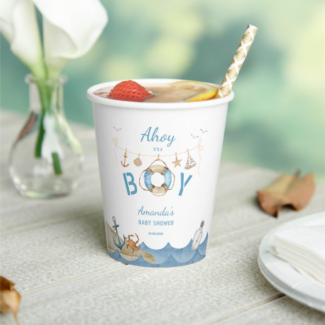 Nautical Ahoy It's a Boy Baby Shower Paper Cups (Insitu)
