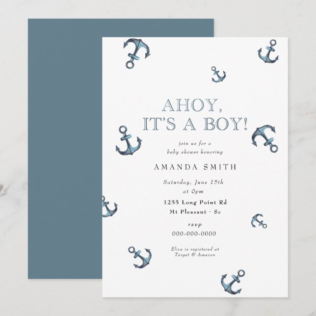 Nautical Ahoy It's a Boy Navy Anchor Baby Shower Invitation (Front/Back)
